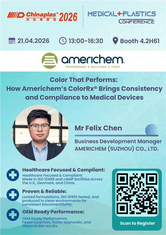 Promotional poster for a Chinaplas 2026 conference session led by Felix Chen of Americhem, highlighting ColorRx for medical device compliance. Includes date, time, and registration QR code.