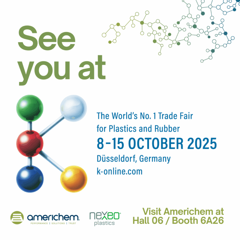 Promotional graphic for the K 2025 trade fair in Düsseldorf, Germany, focused on plastics and rubber, with event dates and Americhem and Nexeo Plastics logos.