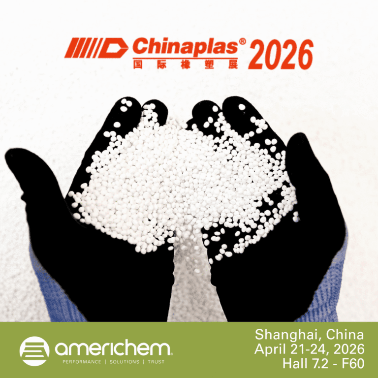Gloved hands hold white plastic pellets. Text shows Chinaplas 2026, Shanghai, April 21-24, Americhem, Hall 7.2 - F60.