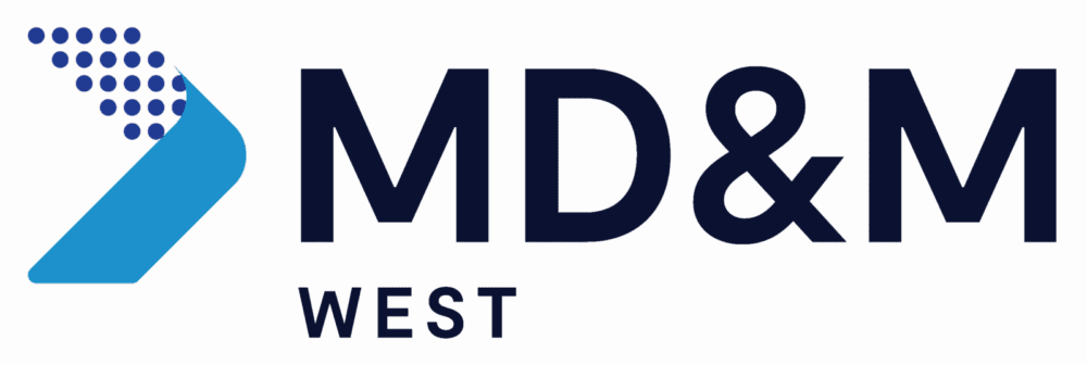Logo for MD&M West featuring a blue stylized arrow design with dotted elements to the left and the text "MD&M WEST" in bold, dark lettering on a light background.