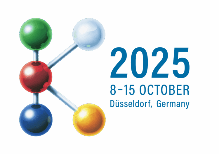 A molecular structure forms the letter "K" next to text reading "2025, 8-15 October, Düsseldorf, Germany" on a white background.