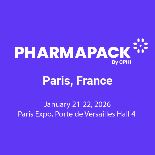 Event announcement for Pharmapack by CPHI in Paris, France, scheduled for January 21-22, 2026 at Paris Expo, Porte de Versailles Hall 4, on a purple background.