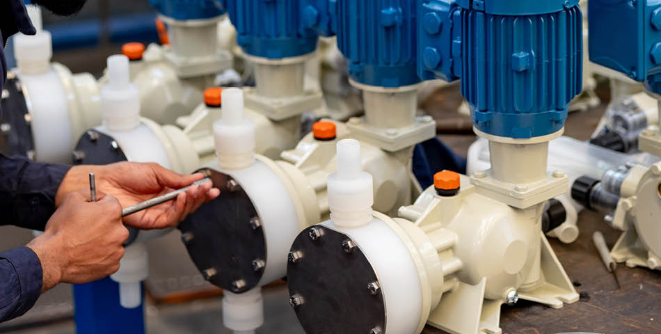 A person uses tools to adjust a row of industrial pumps with blue motors and white housings in a workshop, demonstrating the durability of Polysulfones High-Heat & Chemical Resistant Compounds in demanding environments.