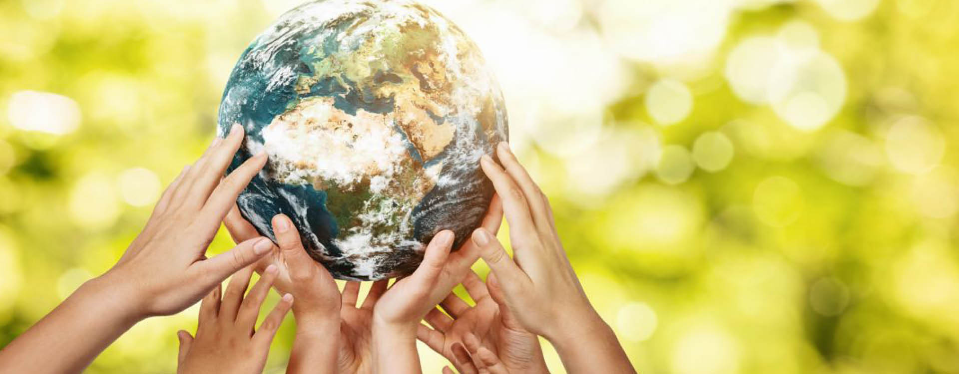 Multiple hands of varying skin tones are lifting up a globe against a blurred green and yellow outdoor background.