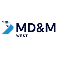 MD&M West logo with a stylized blue arrow design to the left of the text "MD&M WEST" on a white background.