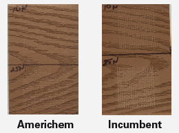 Side-by-side comparison of two brown wood samples labeled "Americhem" and "Incumbent," each marked with horizontal lines at 10N and 25N force levels.