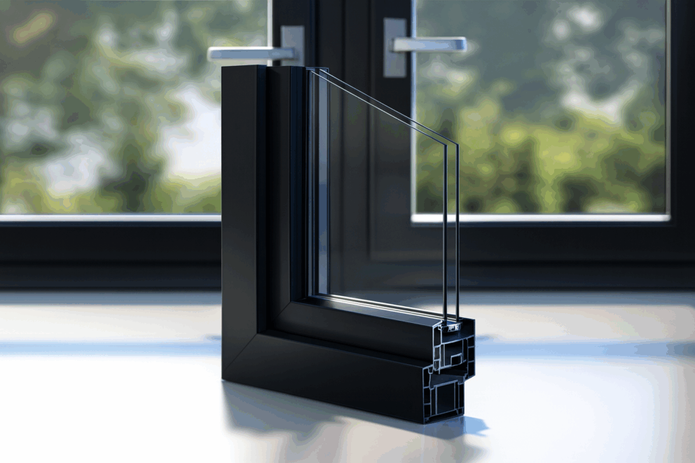 A black-framed double-glazed window cross-section model is displayed indoors, with a full window and greenery visible in the background.