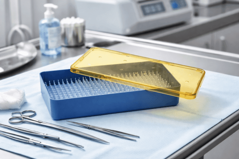A sterilization tray with a yellow lid is open on a blue medical drape next to surgical instruments in a clinical setting.