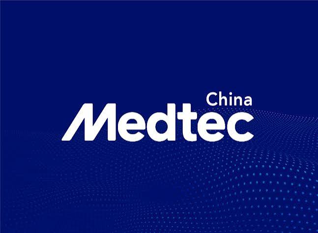 White text "Medtec China 2026" on a blue background with a dotted wave pattern.