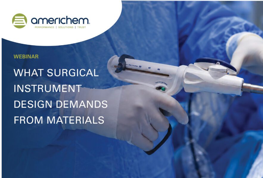 Gloved hands holding a white surgical instrument, with webinar text about surgical instrument material design displayed on the left.