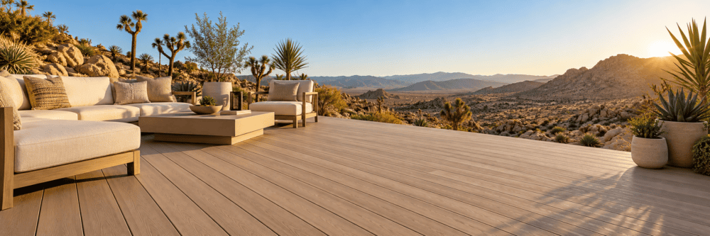 Outdoor patio with neutral-toned seating and a low coffee table overlooking a desert landscape at sunset.