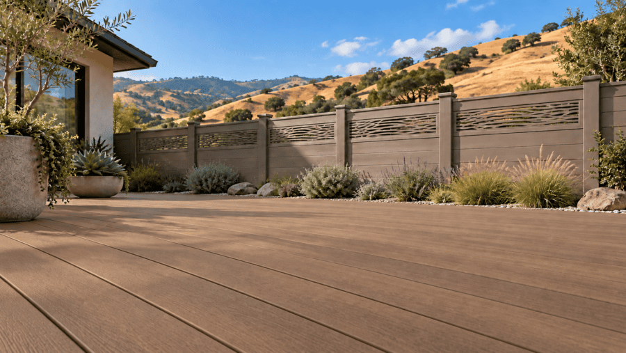 A wood-look composite deck featuring a privacy fence with decorative cutouts, bordered by gravel and low-growing desert plants, with rolling hills in the background.