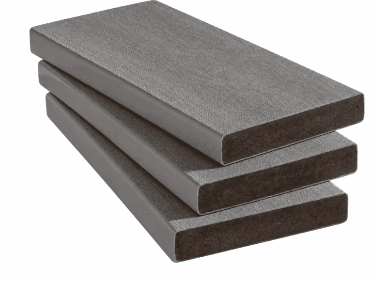 Three rectangular, grey composite deck boards stacked on top of each other.